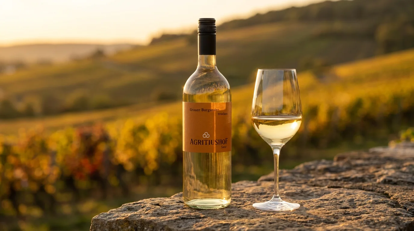 Weinflasche Agritiushof Grauer Burgunder trocken 1 Liter im Weinberg zur goldenen Stunde — Bild mit KI erzeugt oder verändert