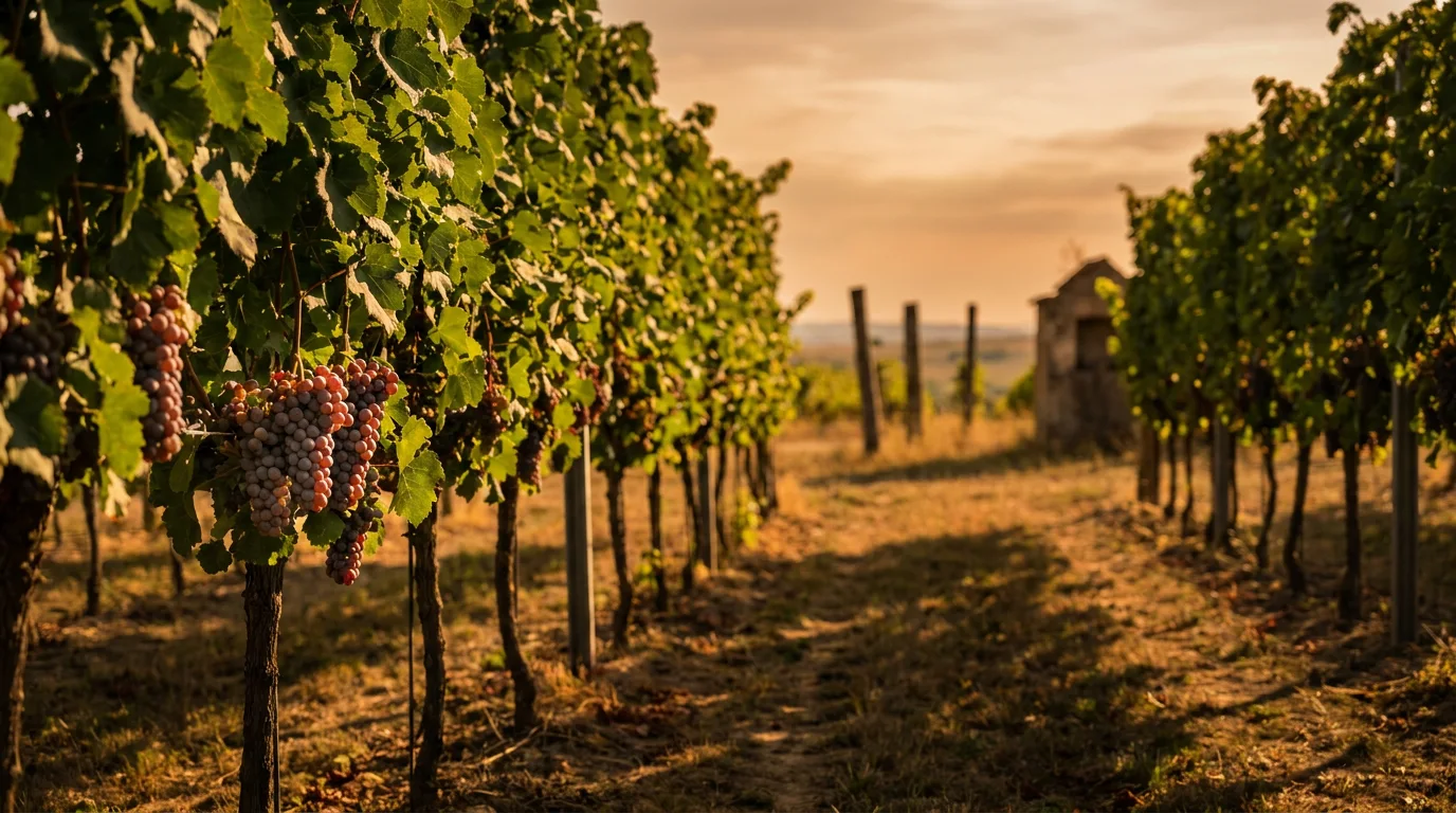 Stimmungsbild im Weinberg zur goldenen Stunde — Bild mit KI erzeugt oder verändert
