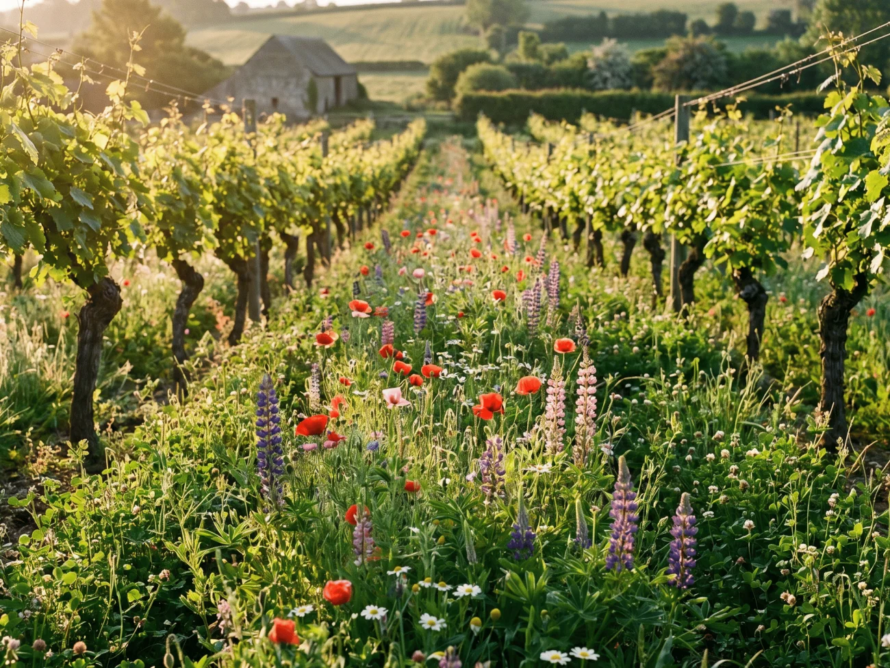 Bio-Weinberg mit Wildblumen und Begrünung zwischen den Rebzeilen