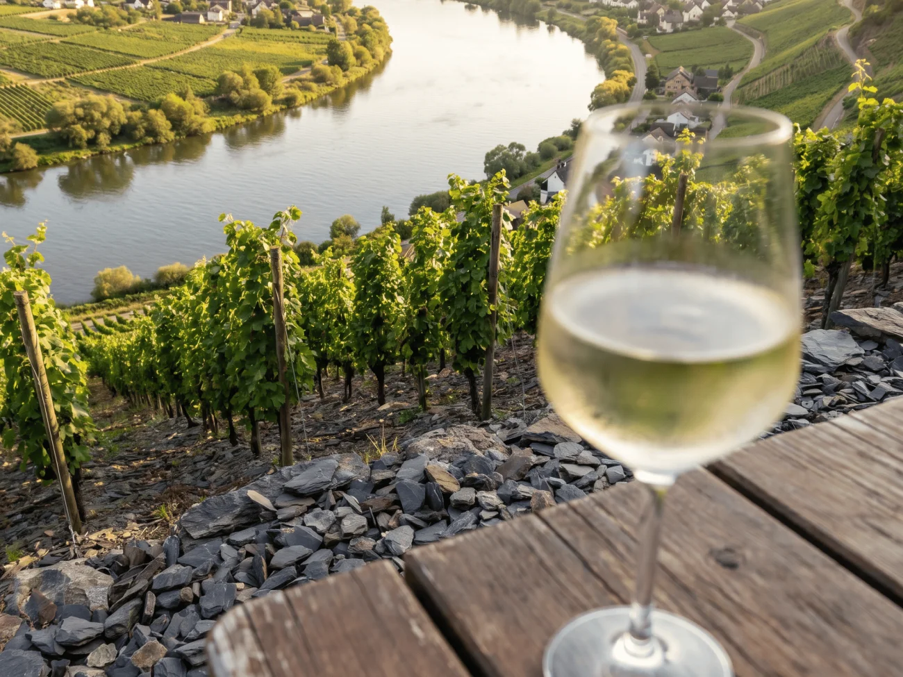 Steillage über der Moselschleife mit einem Glas Riesling