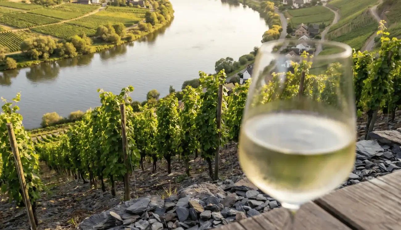 Steillage über der Moselschleife mit einem Glas Riesling