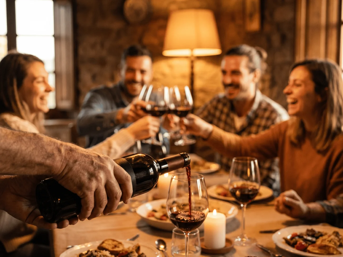 Rotwein wird am geselligen Abendtisch ins Glas eingeschenkt