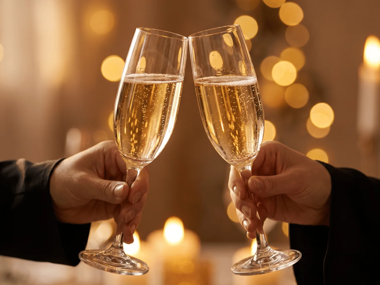 Champagnergläser stoßen vor goldenem Bokeh-Licht an