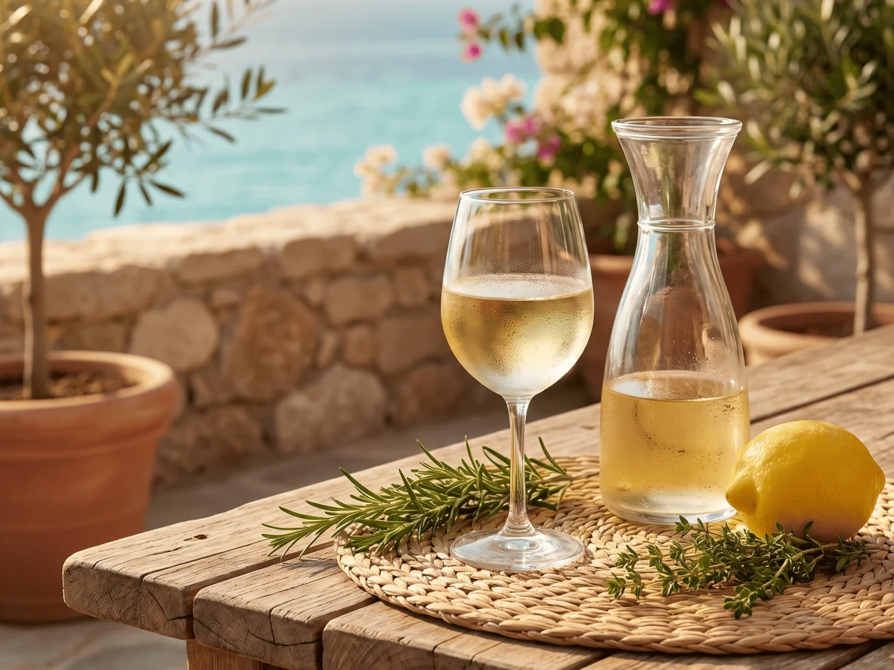 Sommerliche Terrasse mit beschlagenem Glas, Karaffe, Zitrone und Kräutern – alkoholfreier Genuss