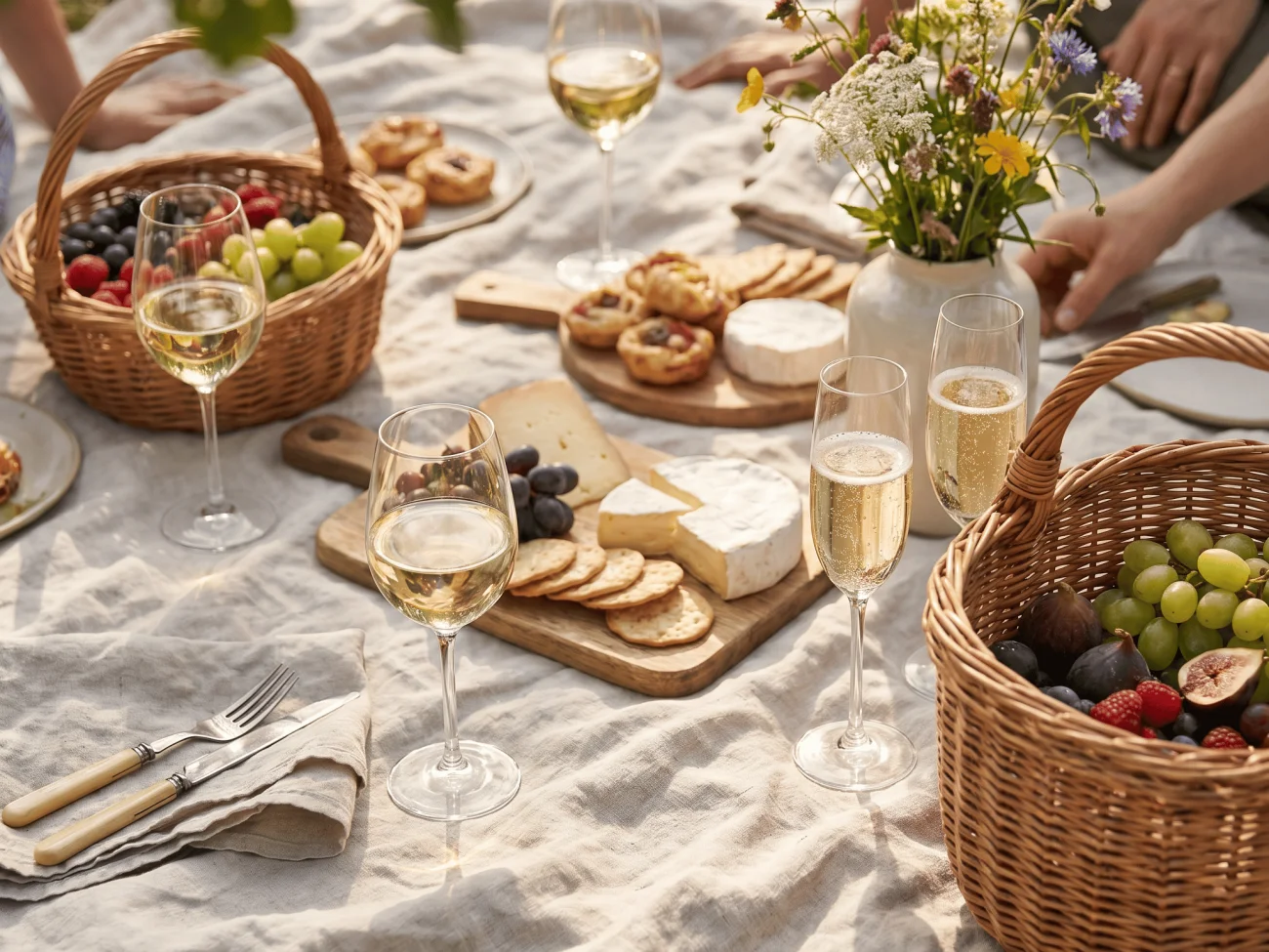 Sommerliches Picknick mit Gläsern alkoholfreien Weins und Früchten