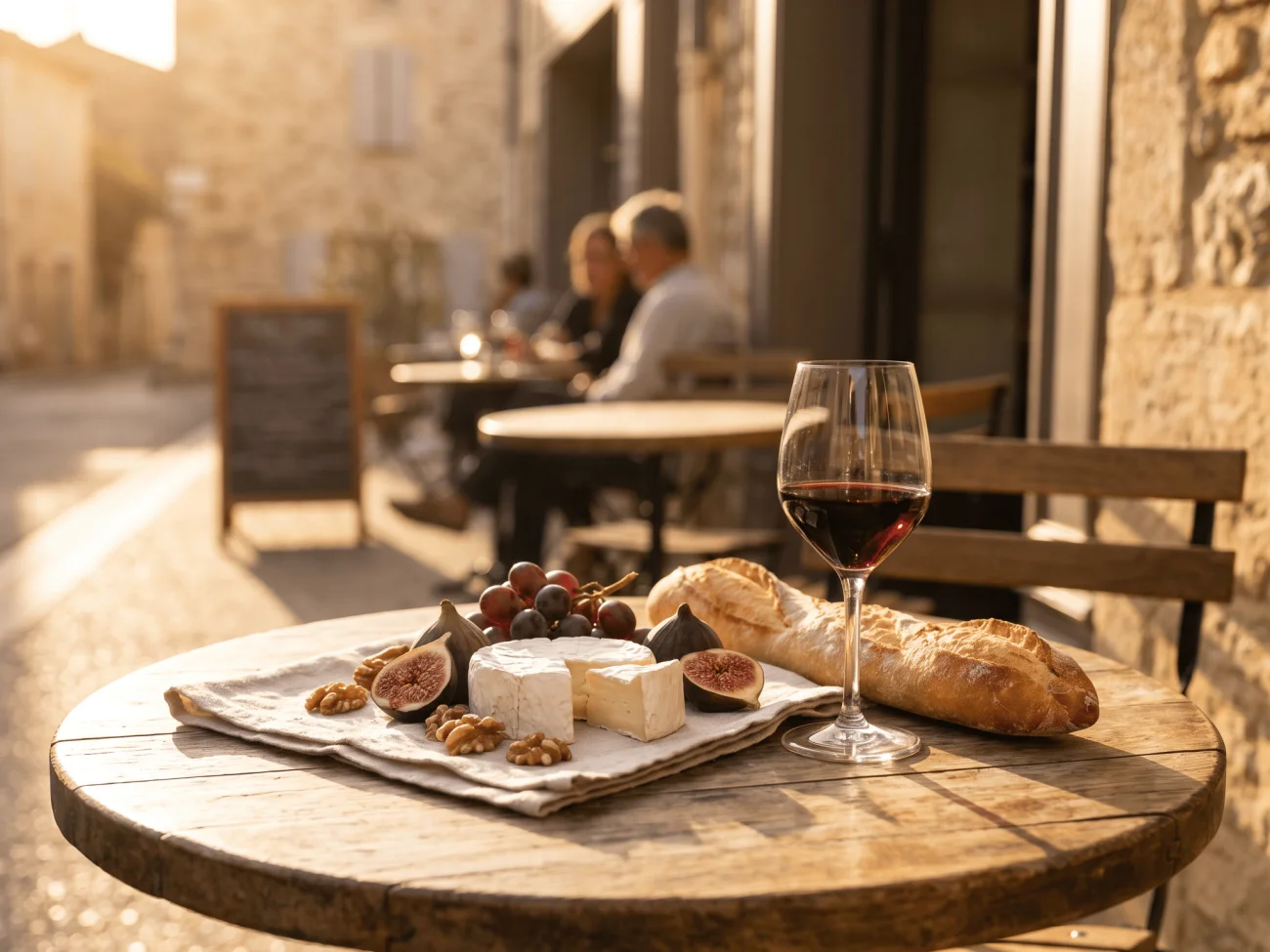 Französischer Bistrotisch mit Käseplatte, Baguette und Rotweinglas